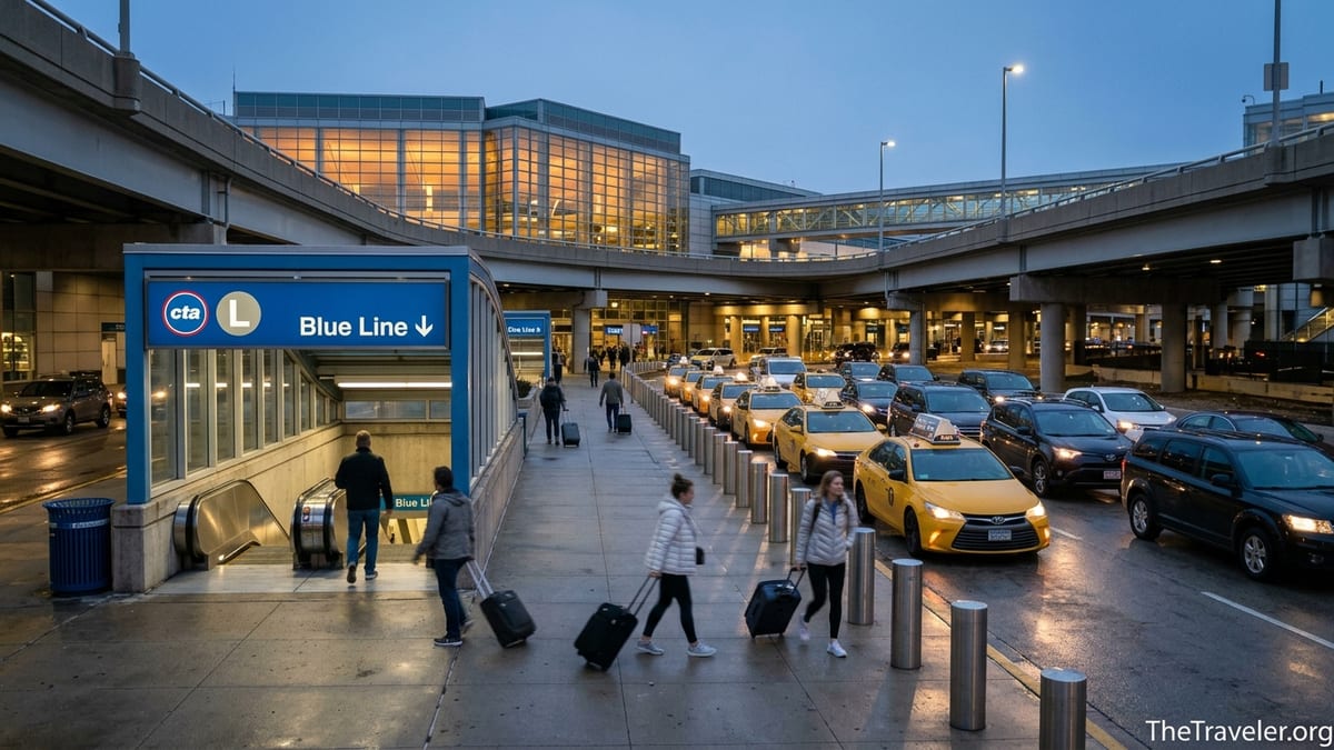 Evening scene at Chicago O’Hare showing taxis and travelers heading toward the CTA Blue Line entrance.