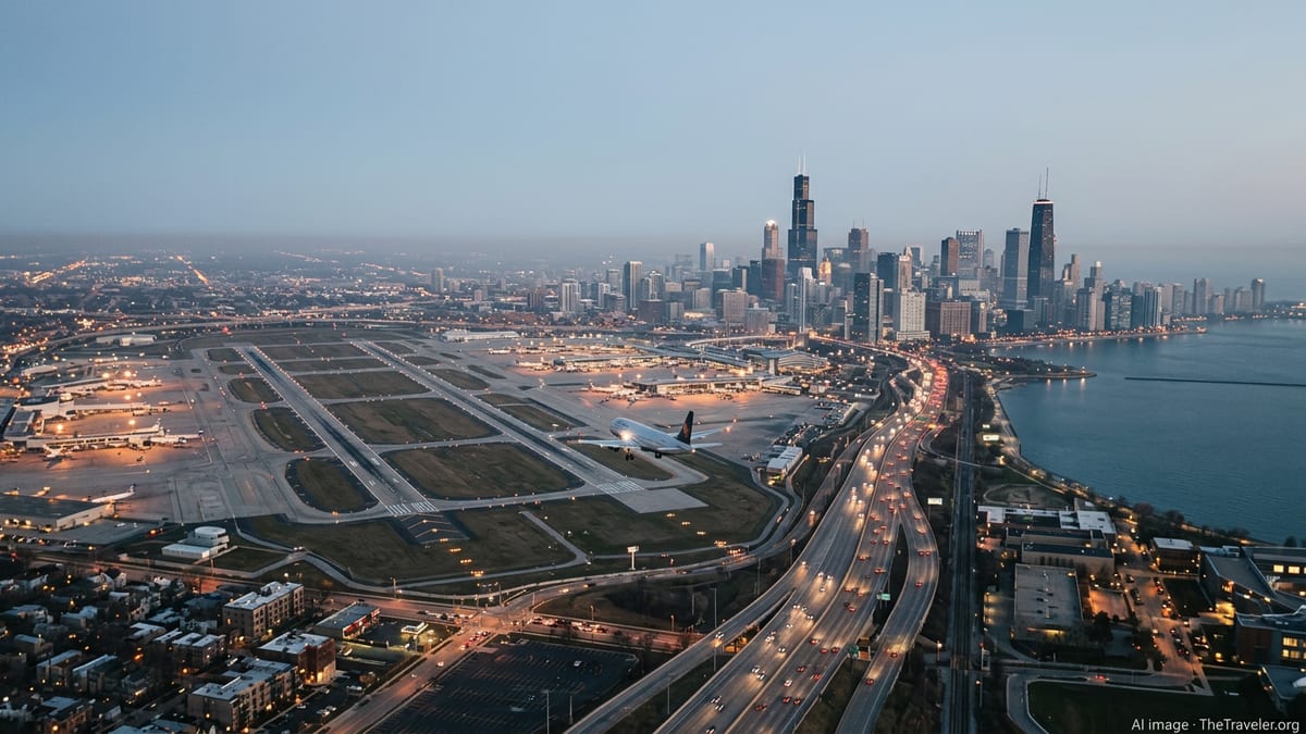 Aerial twilight view of Chicago skyline with a busy airport and runways in the foreground.