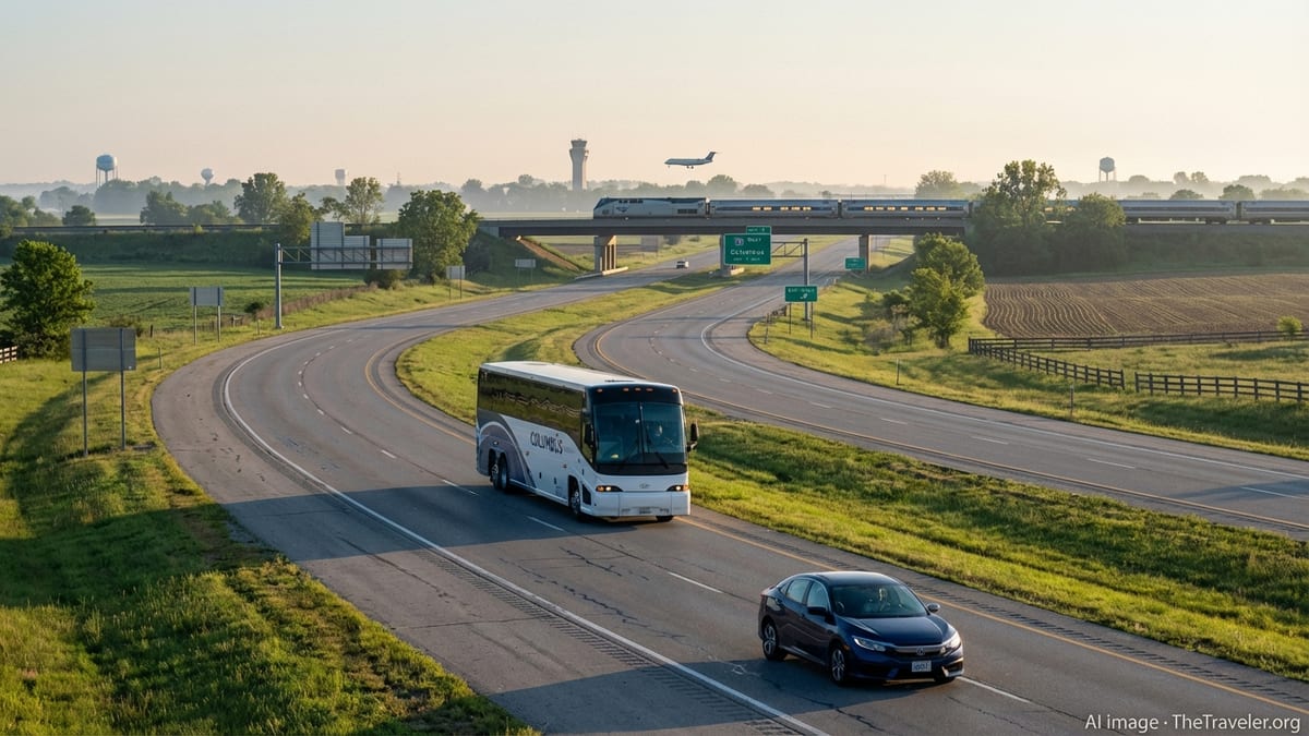 Ohio highway at sunrise with car, coach bus, train overpass and distant regional airport.