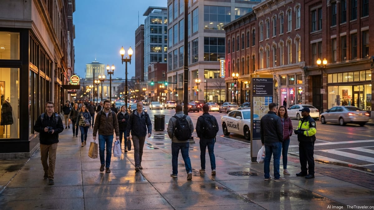 Early evening street scene in downtown Columbus Ohio with pedestrians, lights, and visible security presence.