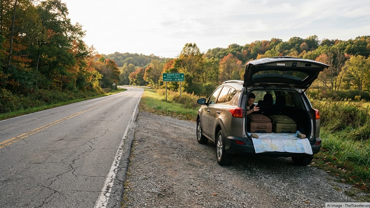 Rural Ohio highway curving through autumn hills with a parked SUV and open map at roadside overlook.