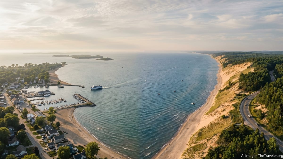 Aerial view contrasting Ohio’s Lake Erie shoreline with Michigan’s dune backed Great Lakes coast at sunset.