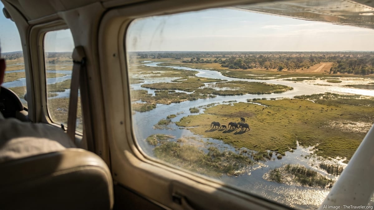 Aerial view from a charter plane over the Okavango Delta during golden hour.