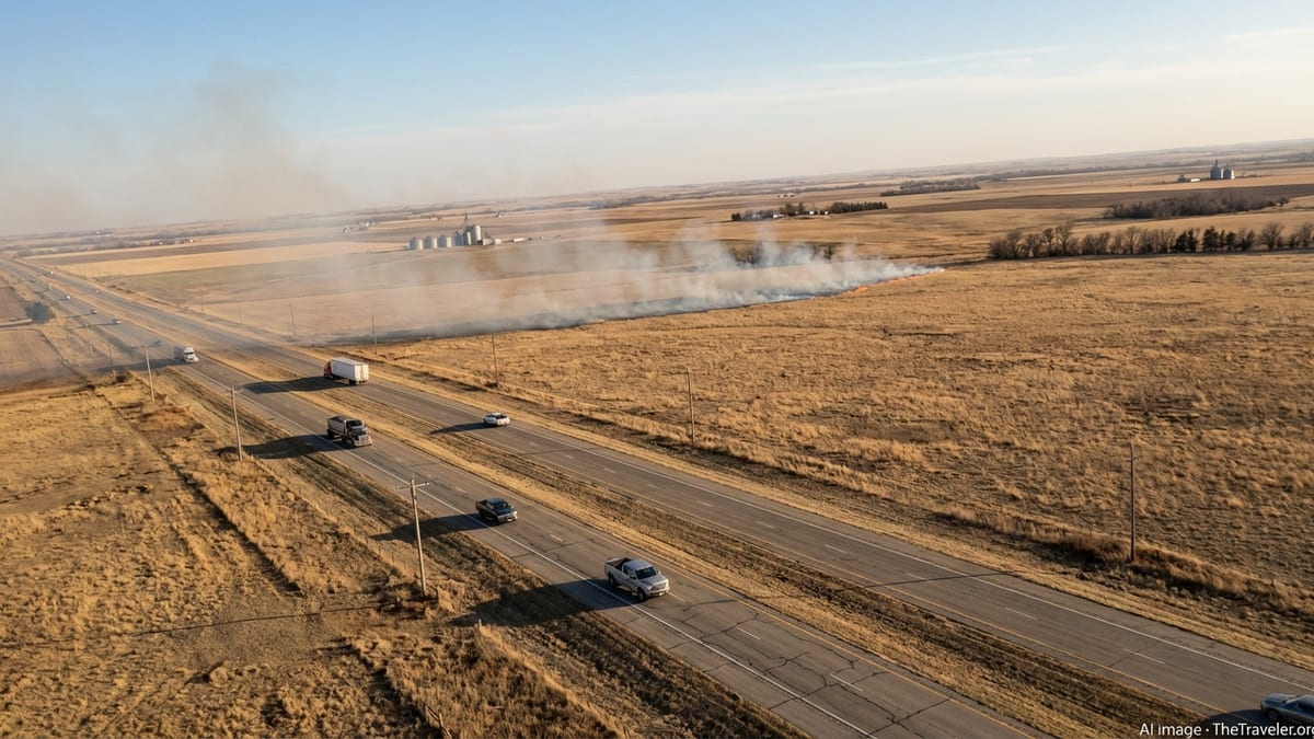 Aerial view of dry Oklahoma plains with a highway and light smoke from a distant grassfire on a windy afternoon.