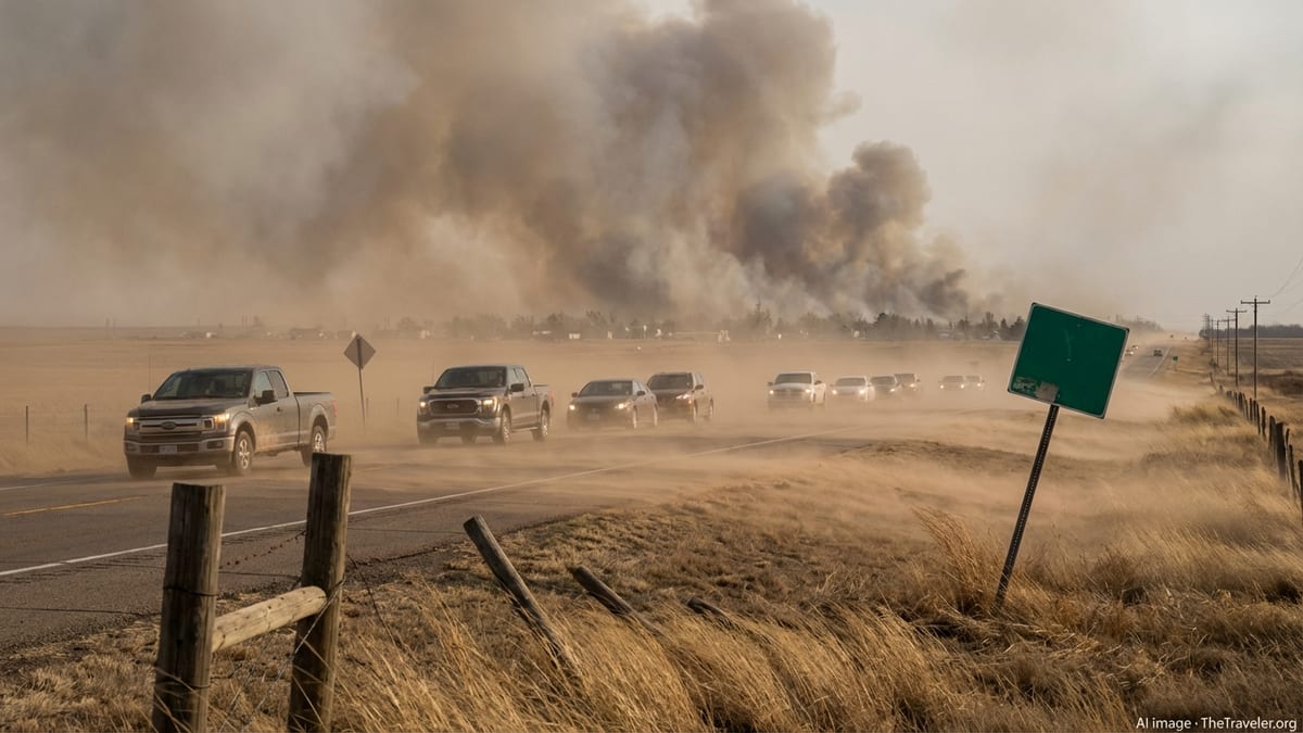 Cars drive cautiously through dust and wildfire smoke on a rural Plains highway.