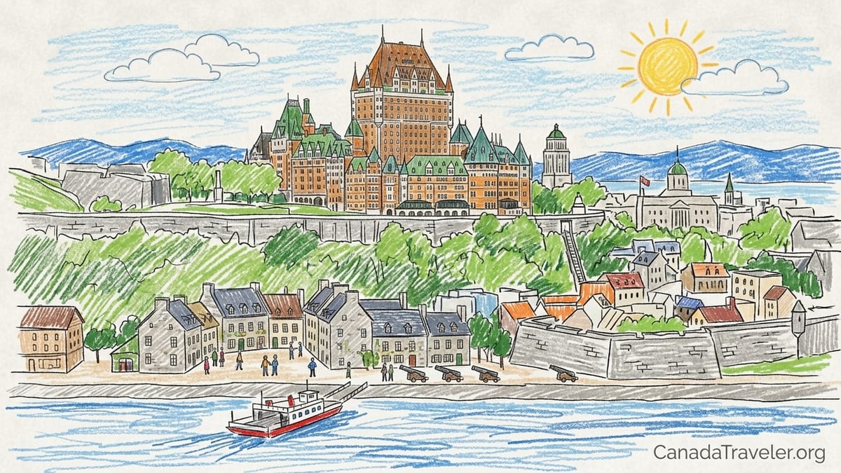 Evening view from Old Québec’s ramparts toward Château Frontenac and the St. Lawrence River.