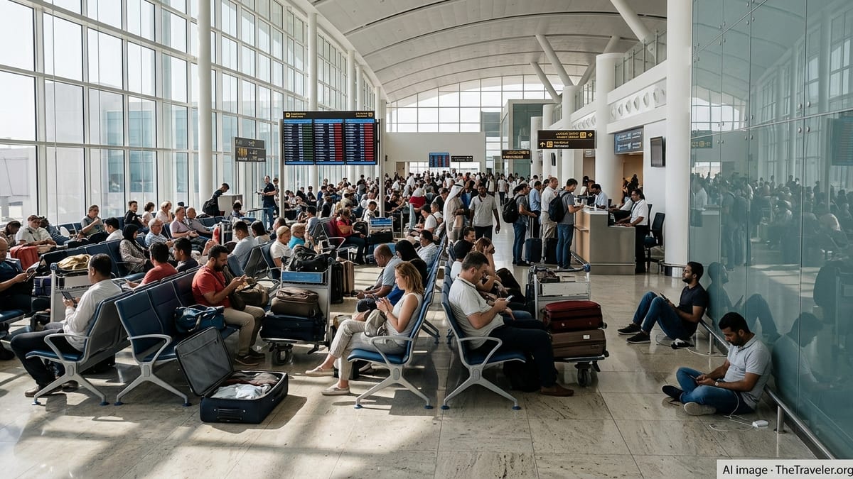 Crowded departure hall at Muscat airport with passengers waiting near Oman Air counters.