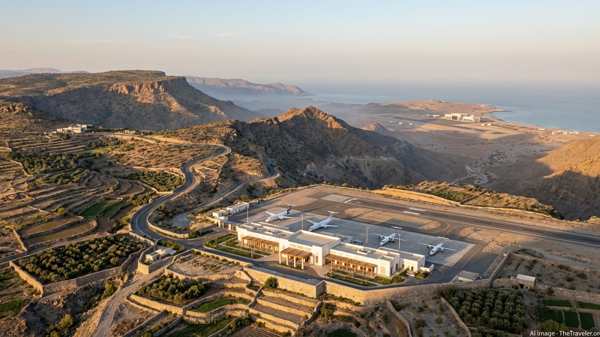 Aerial view of new regional airport terminals at Jabal Akhdar and Masirah set amid Oman’s mountains and coastline.