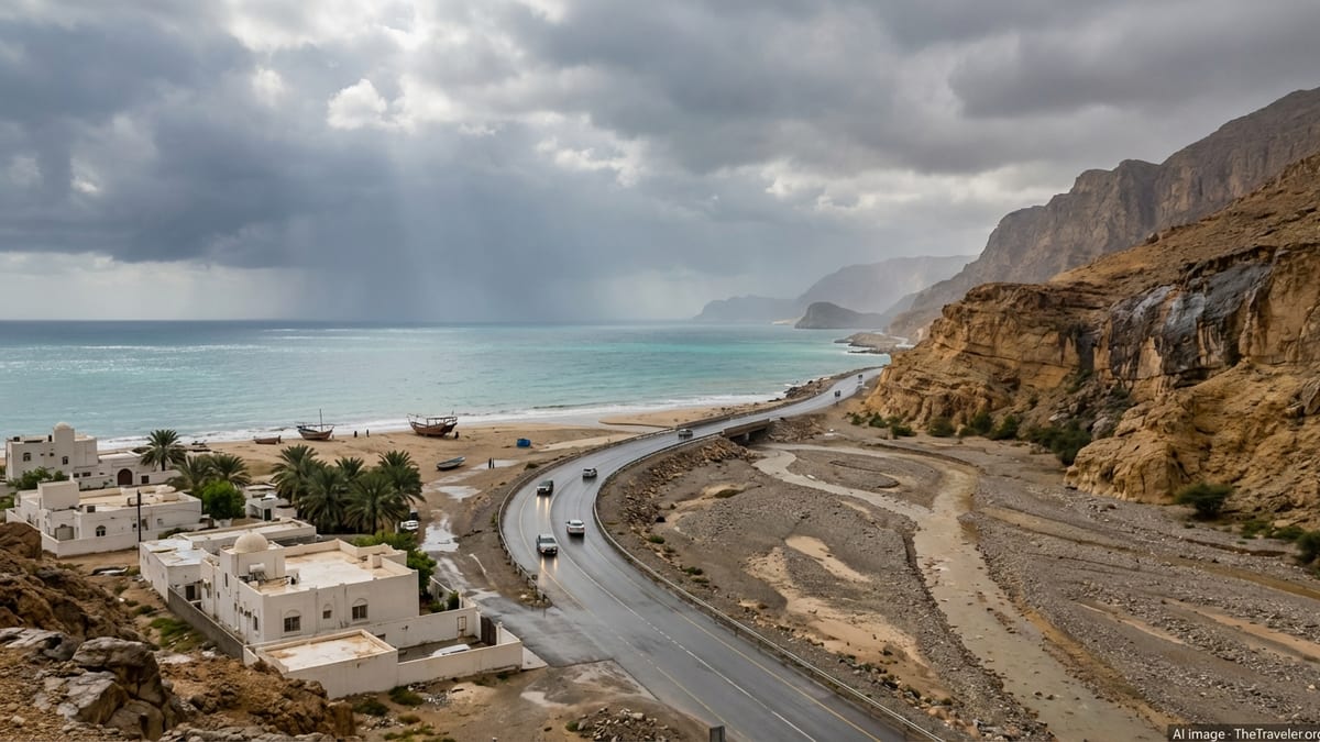 Storm clouds gather over Oman’s coastal road and wadi mouth near the sea.