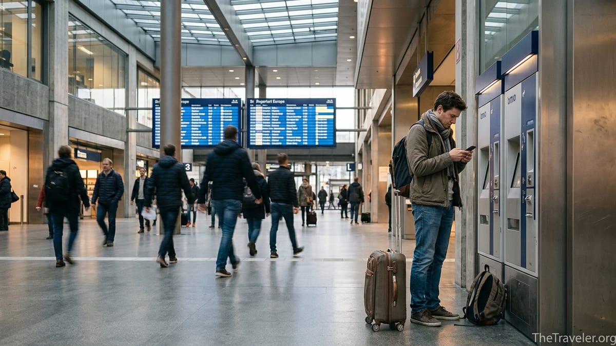 Traveler in a busy European train station reviewing an Omio booking on their phone before checkout.