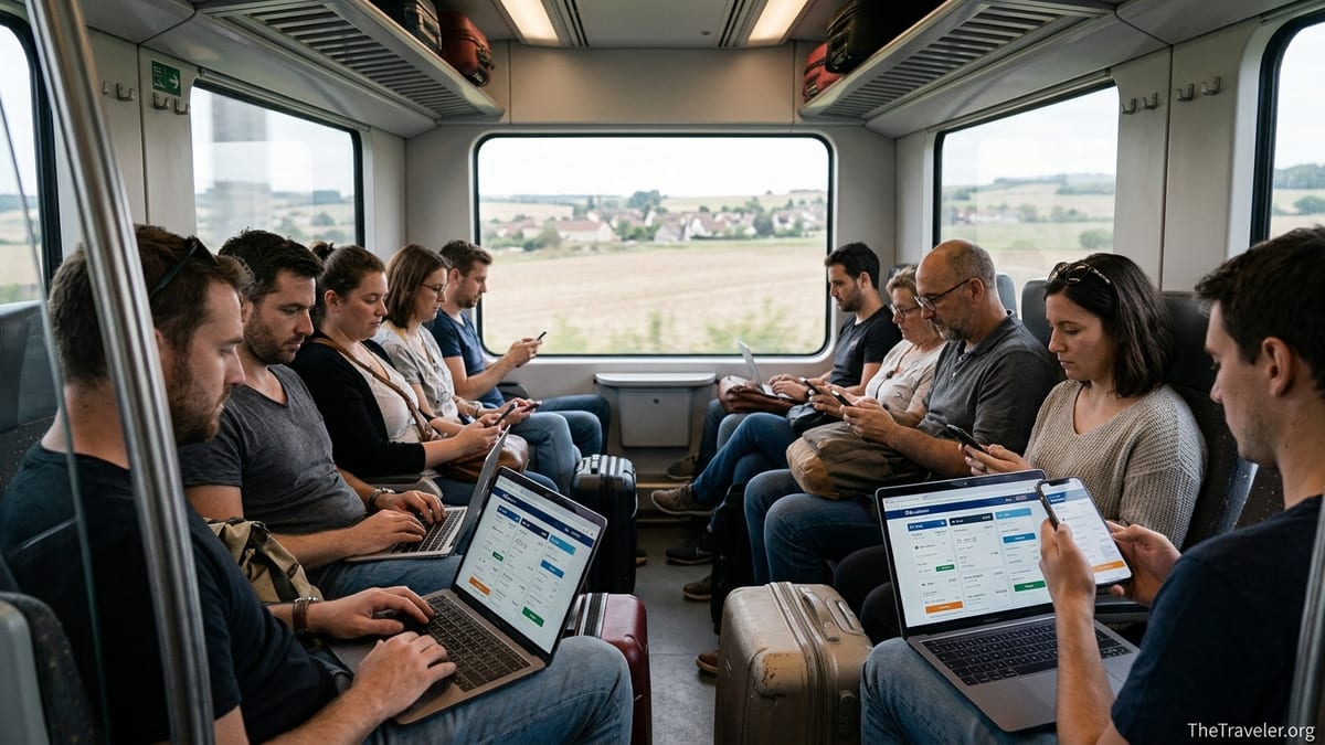 Travelers comparing train, bus and flight options on a laptop while riding a European train.