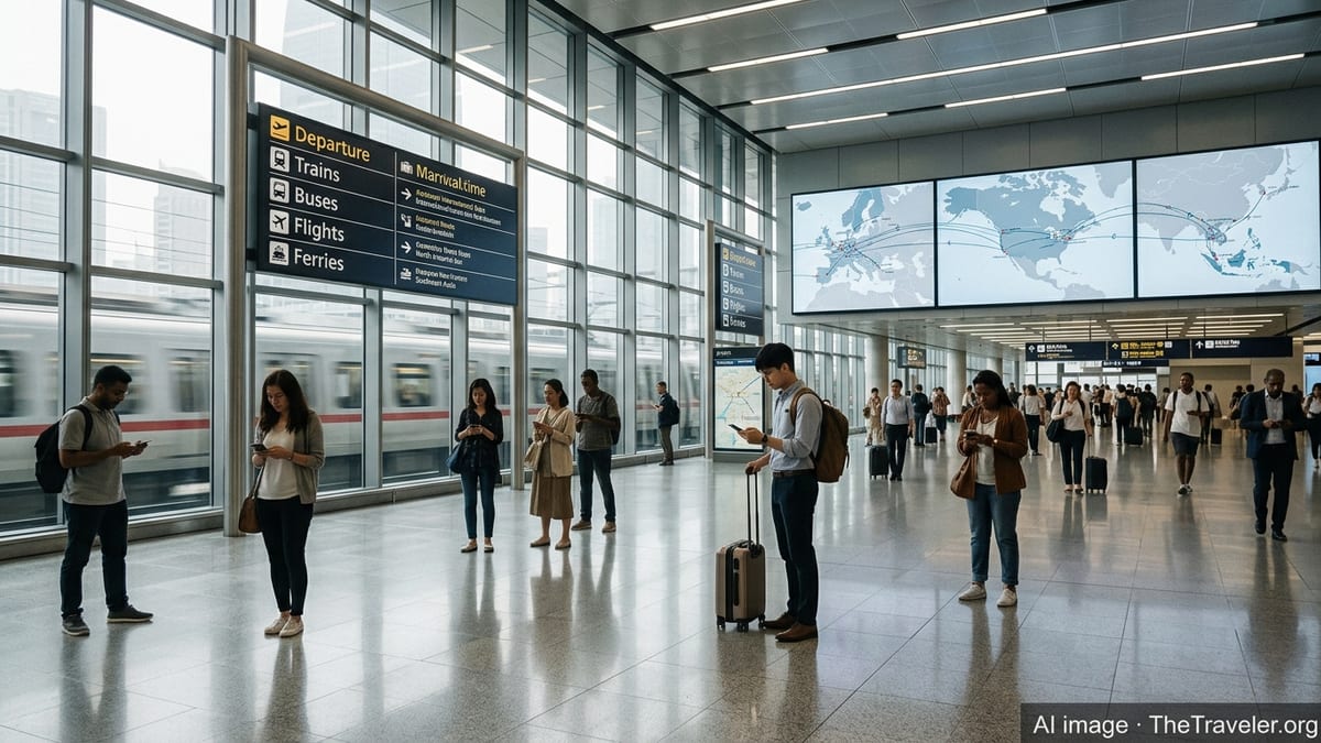 Travelers using smartphones in a modern multimodal transport terminal with digital departure boards.