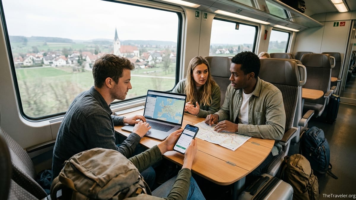 Travelers on a European train planning a multi city route on laptop and phone.