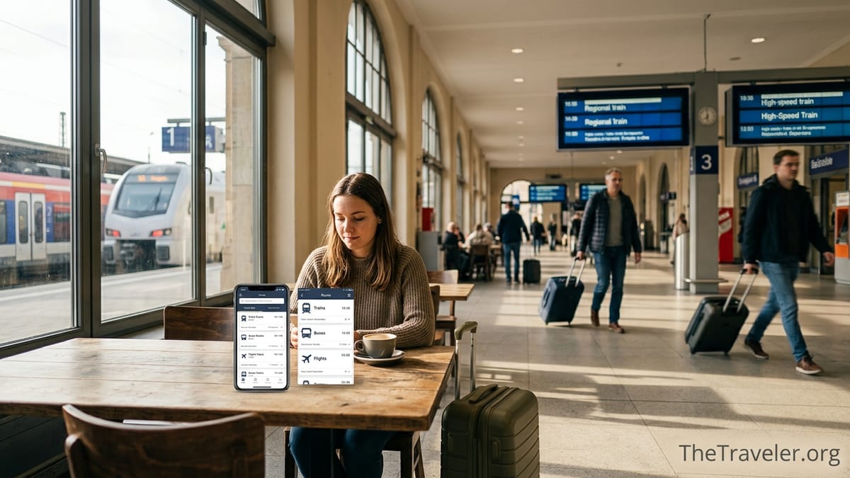Traveller using a phone travel app in a busy European train station cafe.