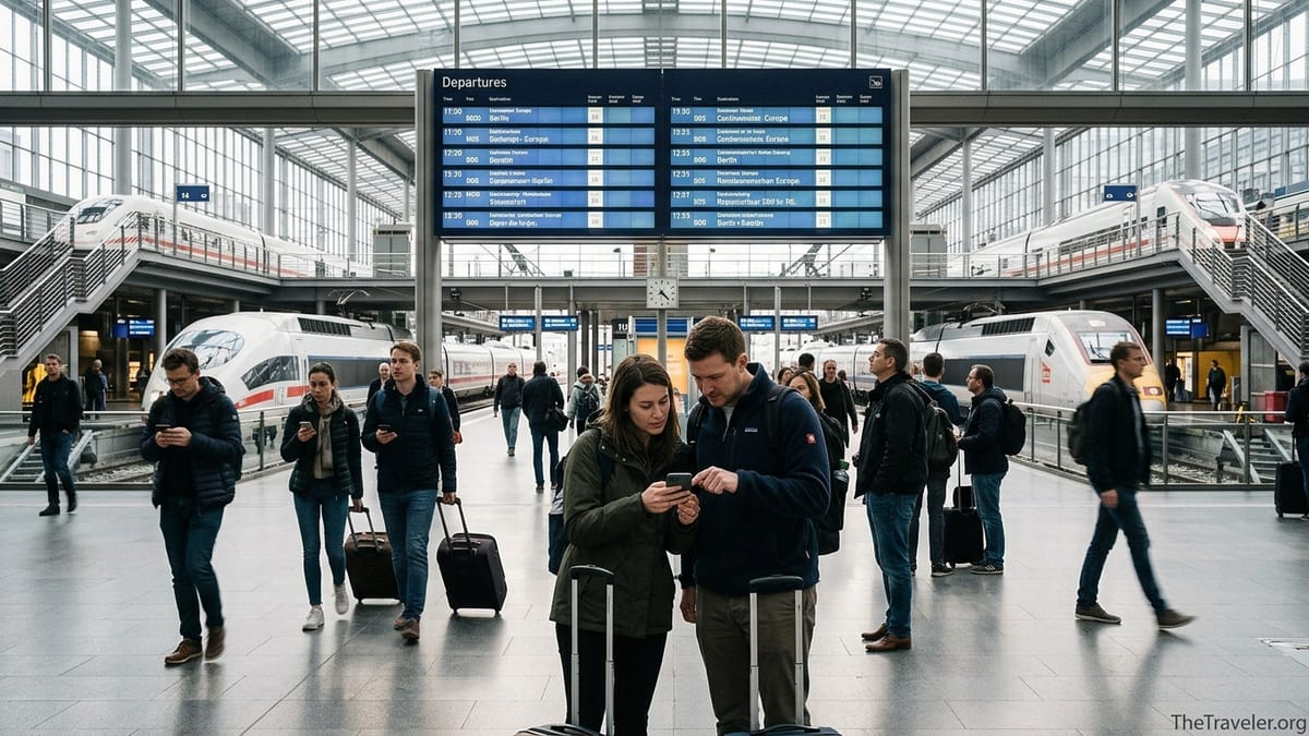 Travelers in a busy European train station checking tickets on their phones near departure boards.