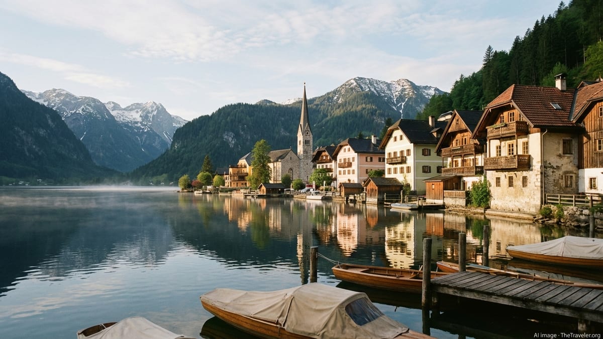Austrian lakeside village with church spire reflected in a calm alpine lake at sunrise.