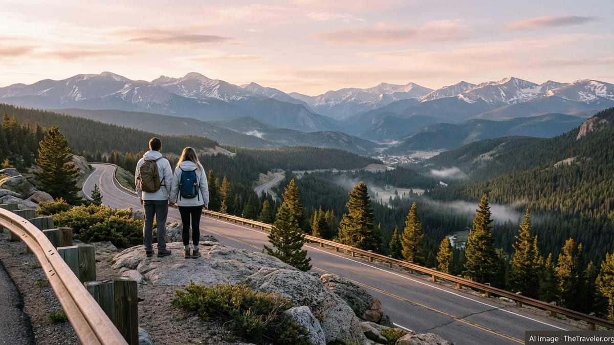 Sunrise view over Colorado mountains from a roadside overlook with travelers looking at distant peaks.