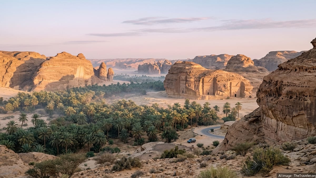 Sunrise over AlUla’s sandstone cliffs and palm oasis in northwest Saudi Arabia.