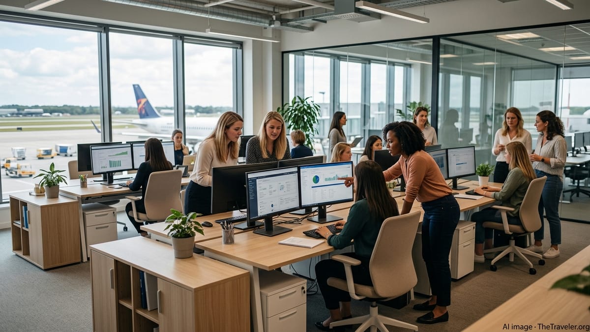Women-led aviation tech team collaborating in an open-plan office overlooking an airport.