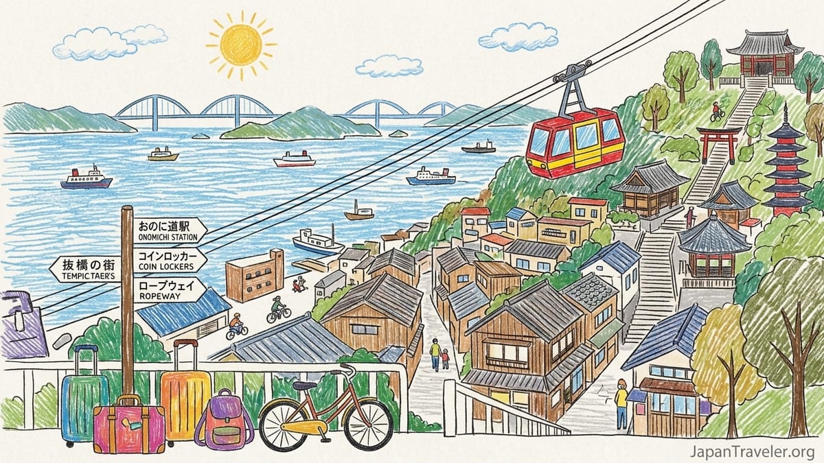 Hillside view over Onomichi’s steep streets toward the harbor and islands below.