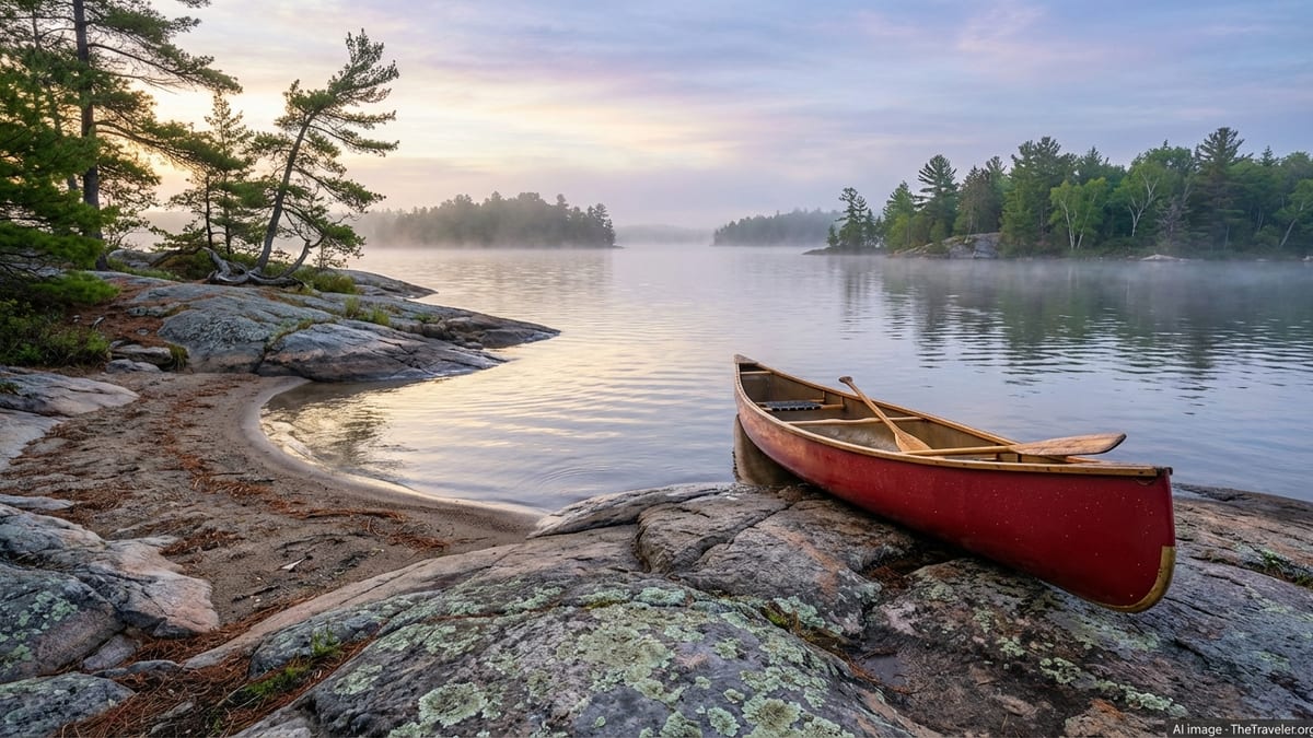 Calm Ontario lake at sunrise with a red canoe on granite shoreline and pine trees.