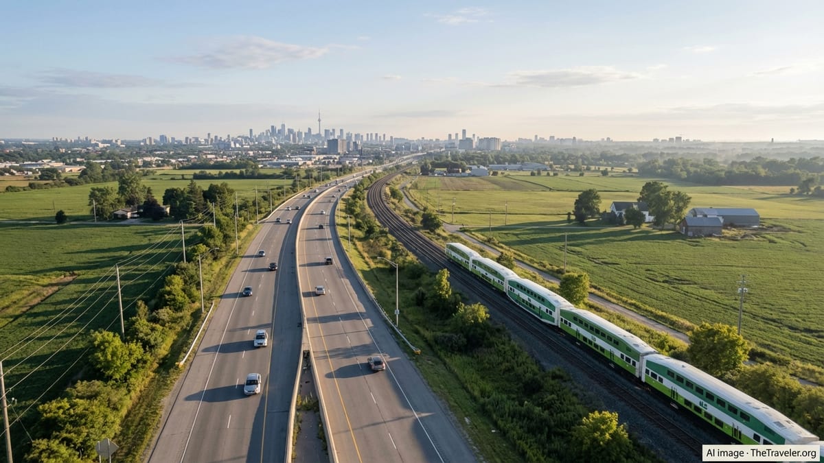A highway and commuter train running side by side through rural southern Ontario.