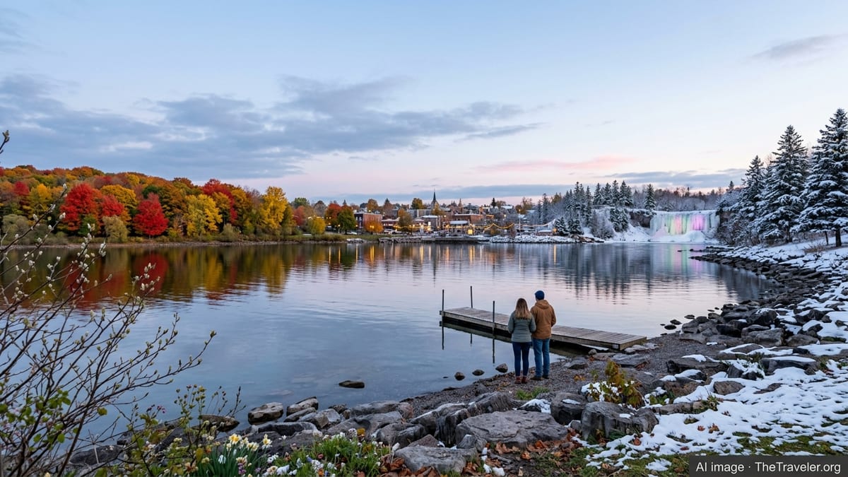 Panoramic view of an Ontario lakeshore showing snowy trees, autumn forest and a small town at dusk.