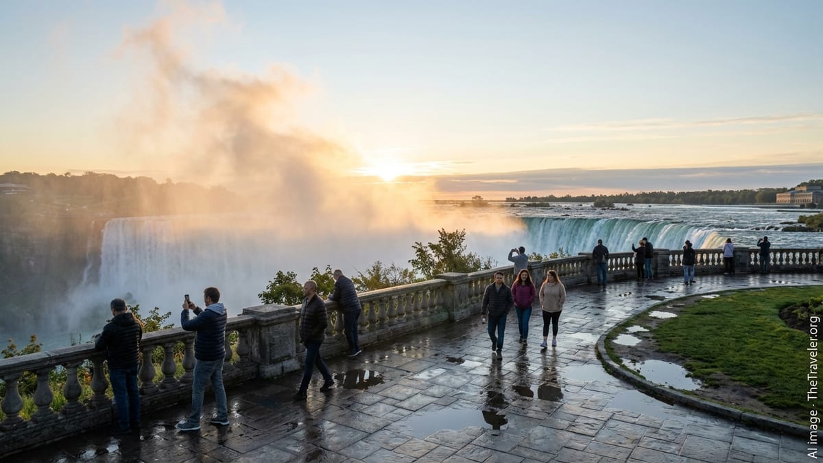 Sunrise mist over Horseshoe Falls in Niagara Falls, Ontario, seen from the Canadian promenade.