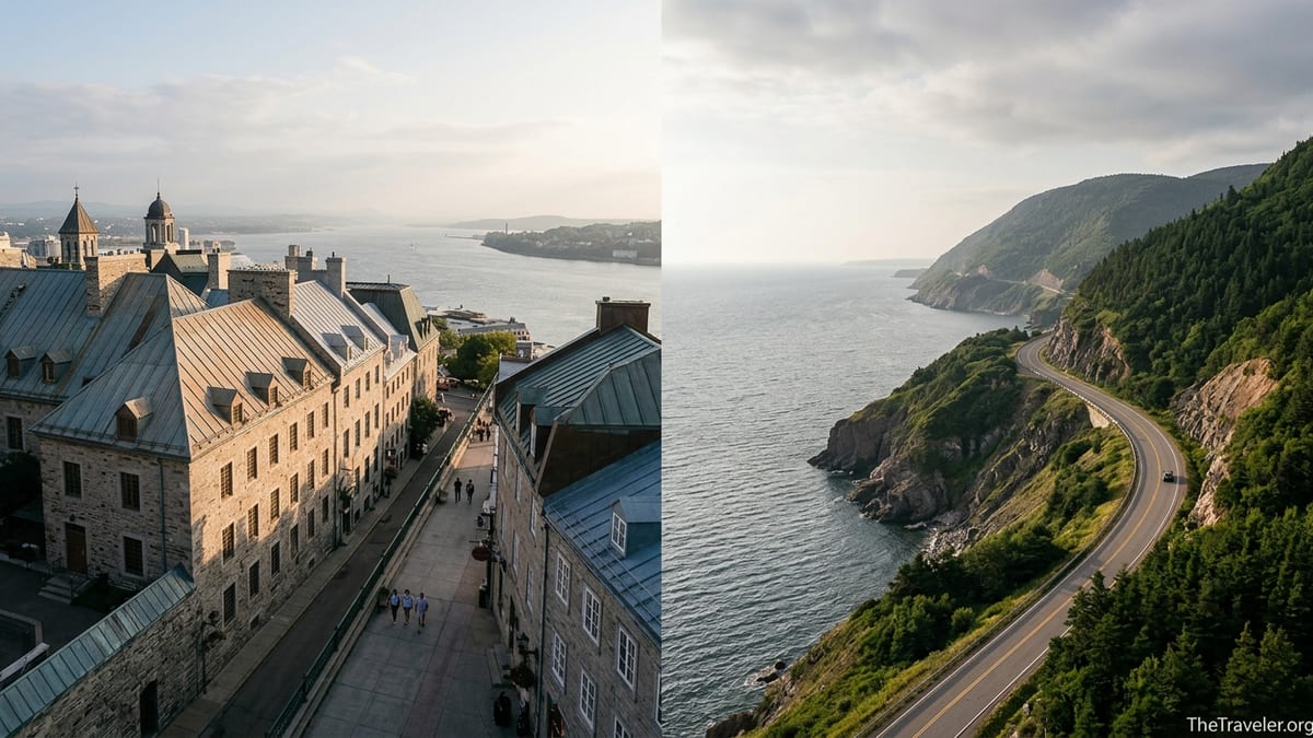View contrasting Old Quebec City rooftops with the coastal Cabot Trail cliffs in Cape Breton.