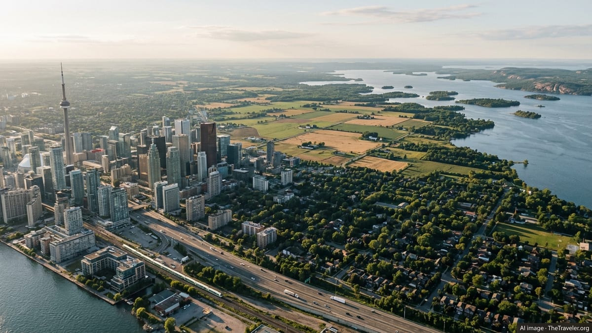 Aerial view of Toronto fading into Ontario countryside and lakes at sunset.