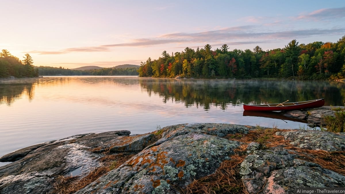 Autumn sunrise over a calm Ontario lake with granite shoreline, pines and a red canoe.