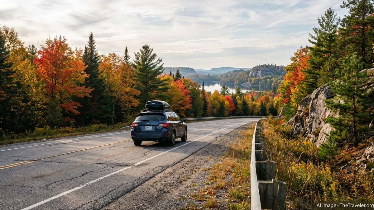 Car driving on a forested Ontario highway in early autumn under soft afternoon light.