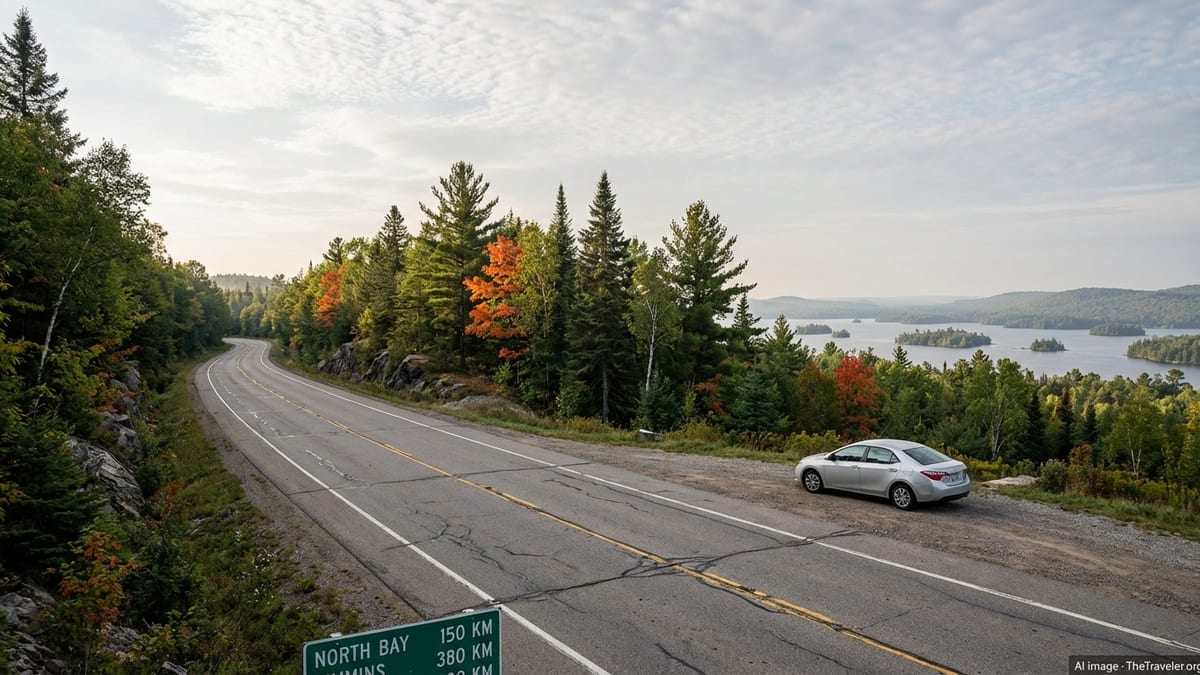 Curving Ontario highway through autumn forest with a parked car and distant lake view.