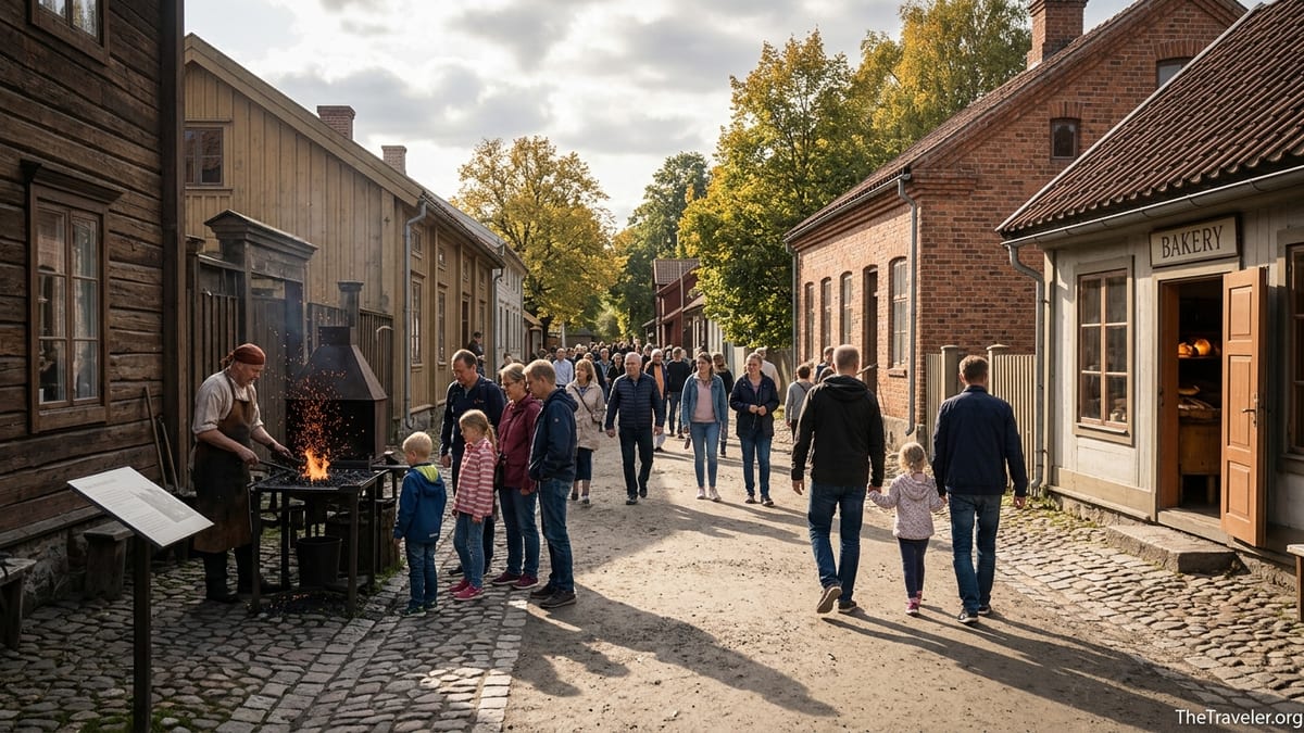 Visitors explore historic cobbled street at a lively open air museum in soft afternoon light.