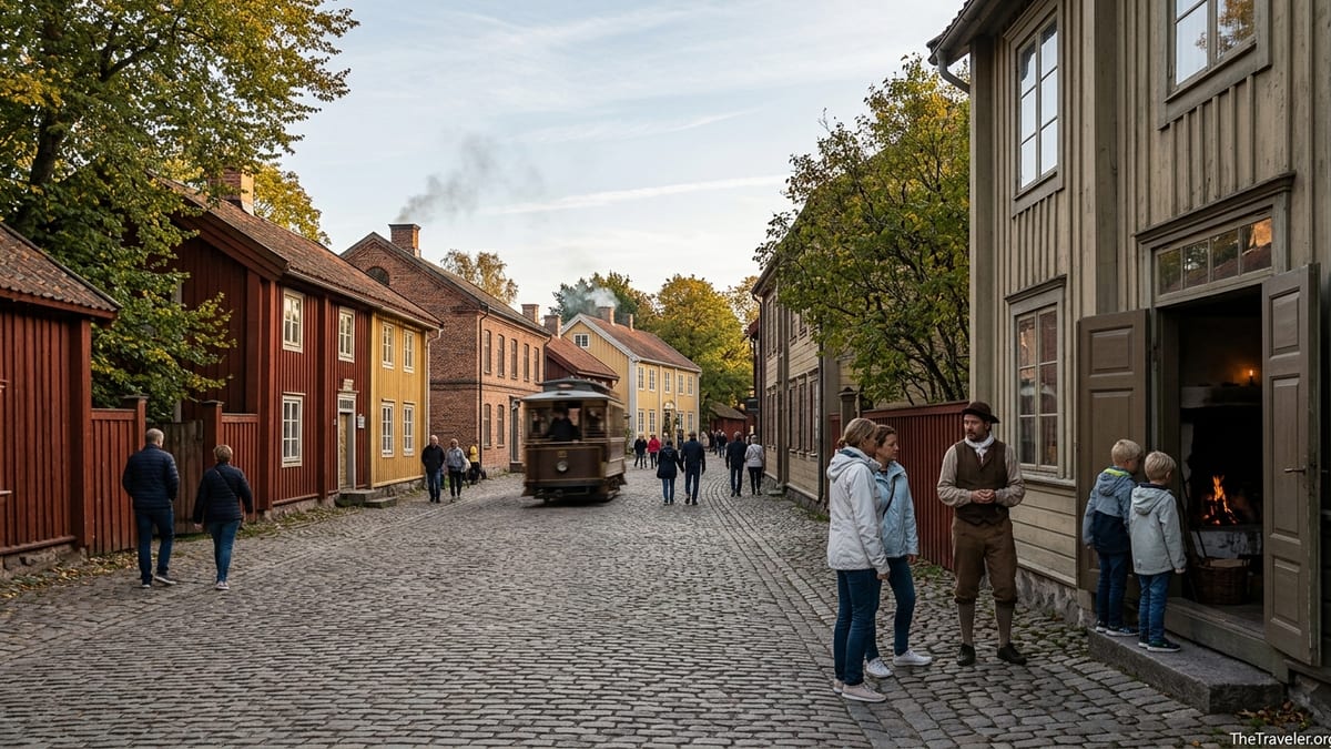Visitors walking past historic buildings in an open air museum village at golden hour.