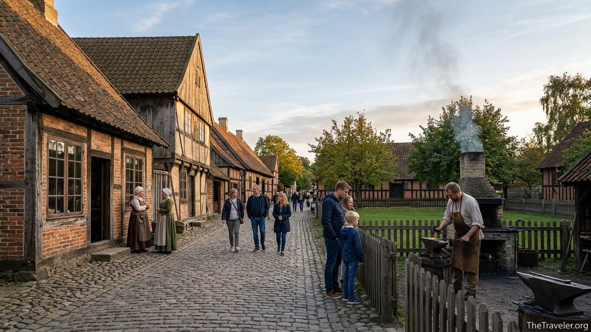 Visitors watching a blacksmith at work in a historic open air museum street at sunset.