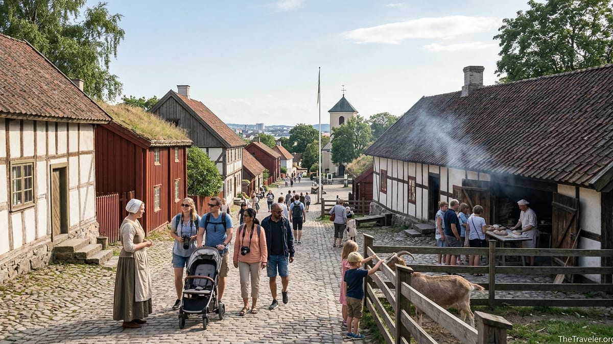 Visitors explore historic streets and farm animals at a lively open air museum.