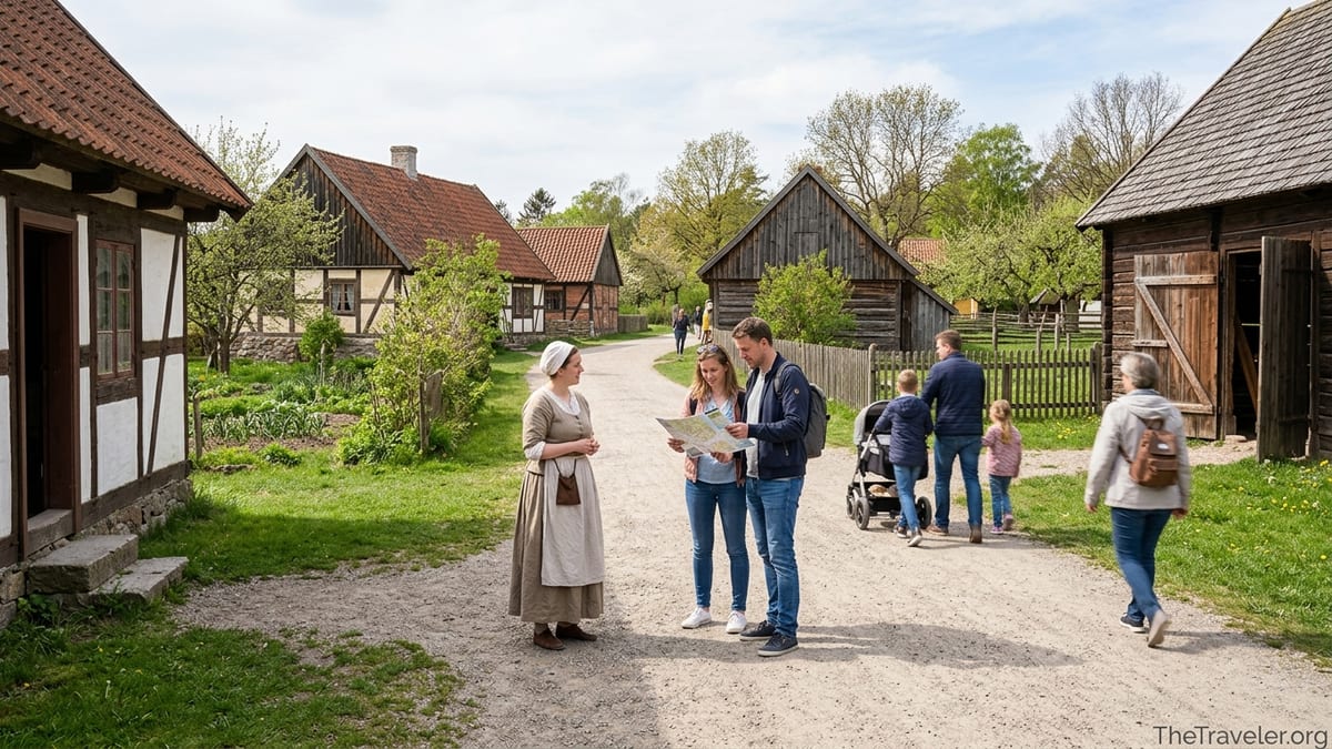 Visitors walking along a village lane between historic farmhouses in an open air museum.