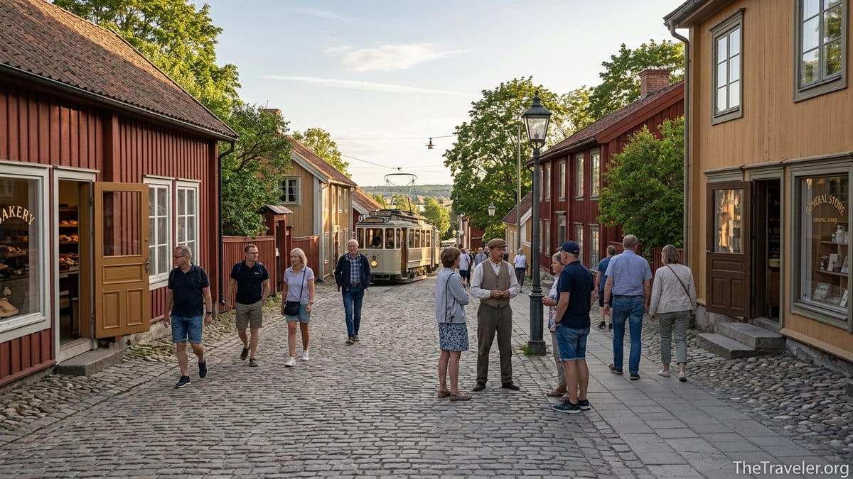 Visitors walking along a cobbled street between historic houses in a European open air museum at sunset.