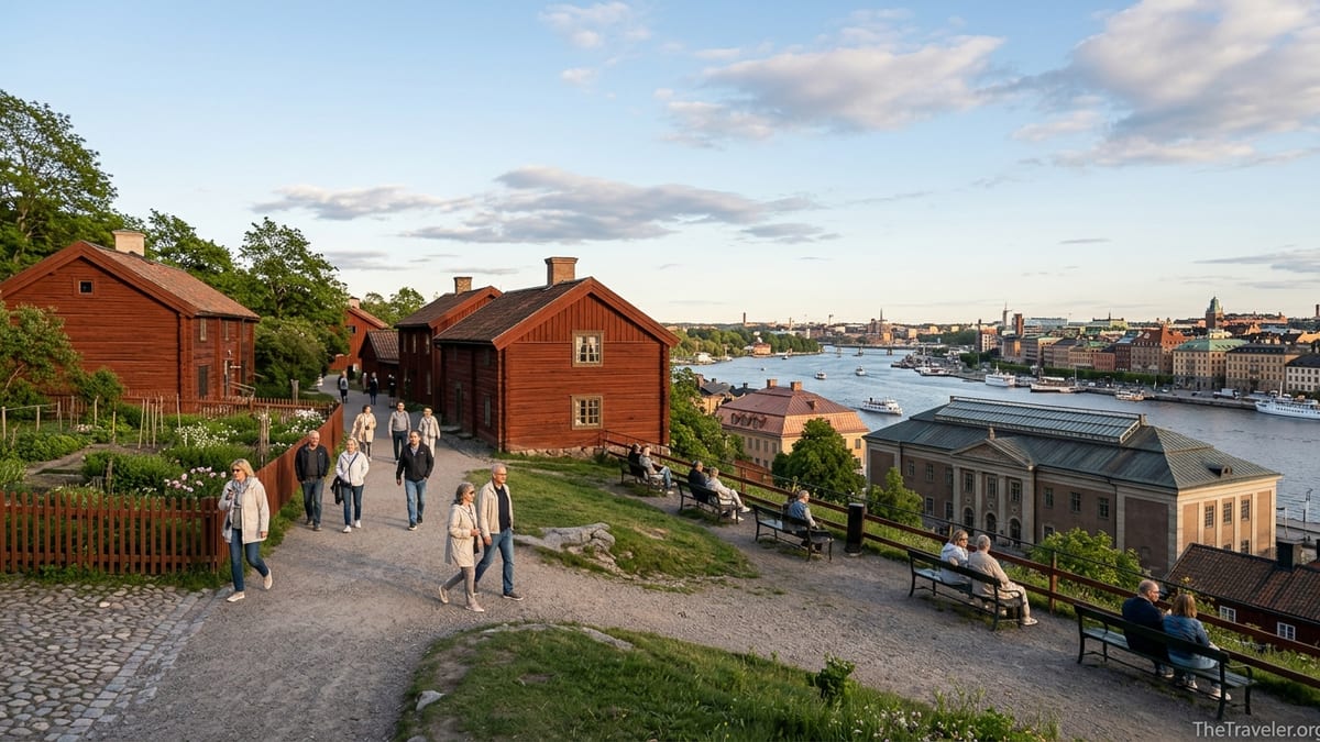 Visitors walking between wooden farm buildings at an open air museum overlooking a European city.