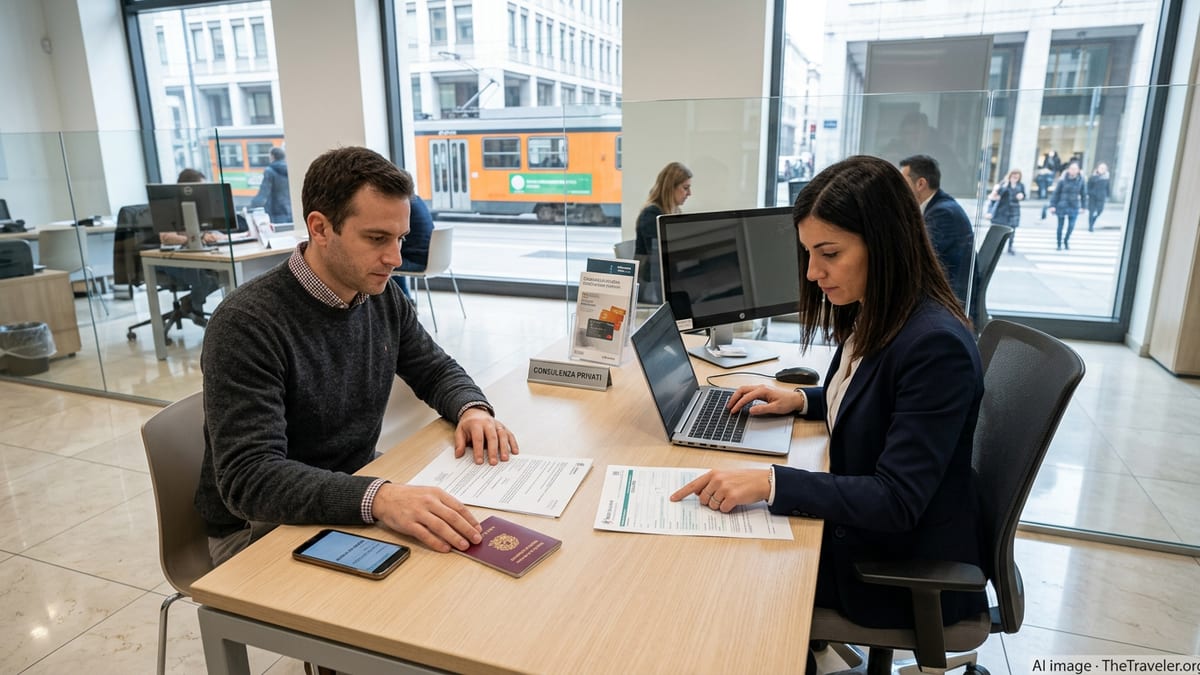 Foreign client opening a bank account with a clerk in a modern Italian bank branch.