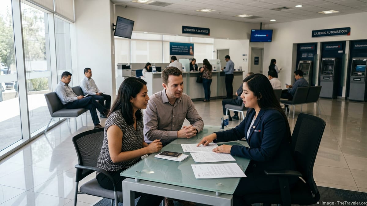 Foreign couple opening a bank account with a banker in a modern Mexican bank branch.