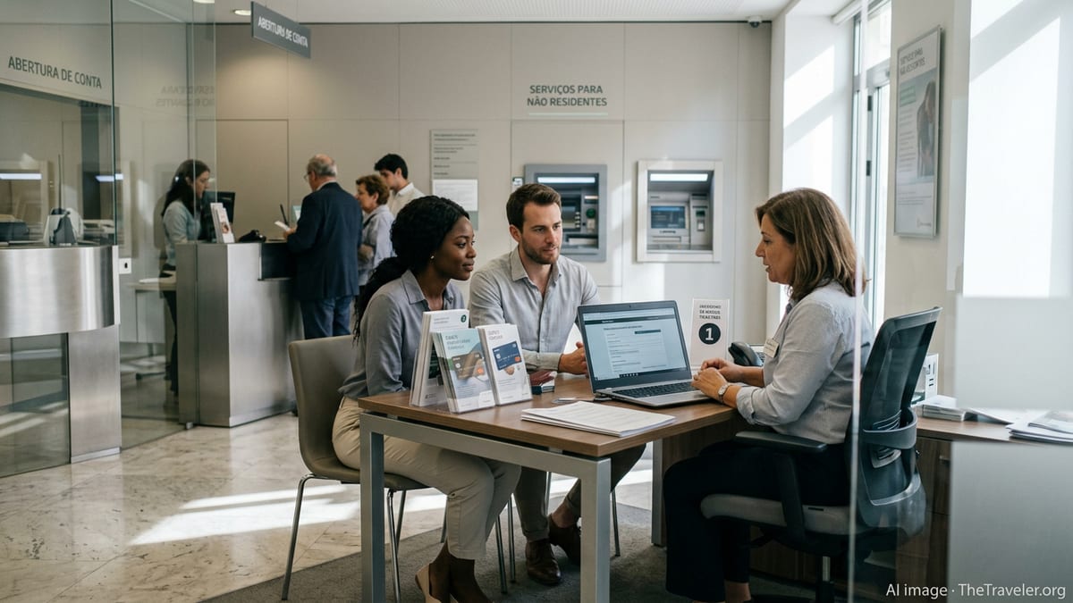 Foreign couple opening a bank account with an advisor in a modern Lisbon bank branch.