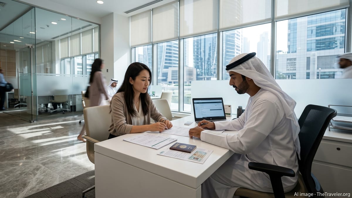 Expat meeting with bank officer in modern Dubai branch to open a UAE account