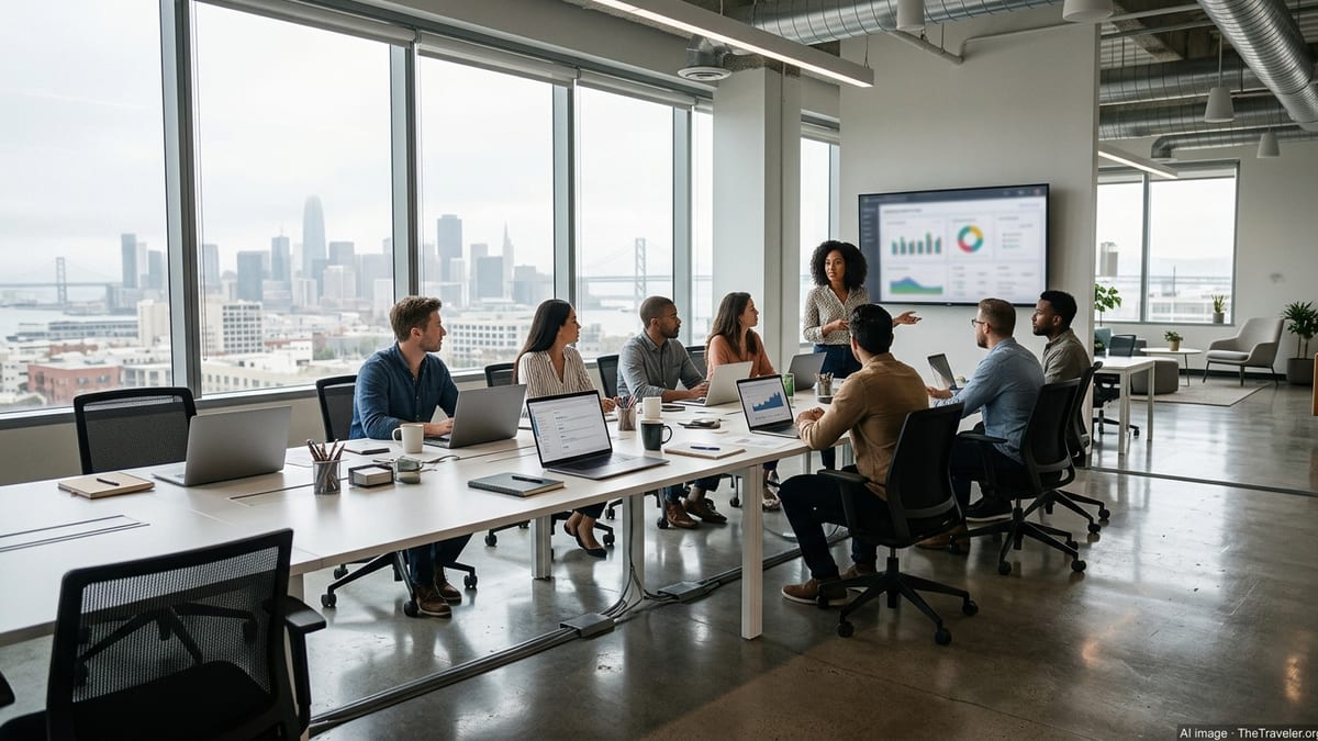 People collaborate in a modern tech office with charts on a large screen.