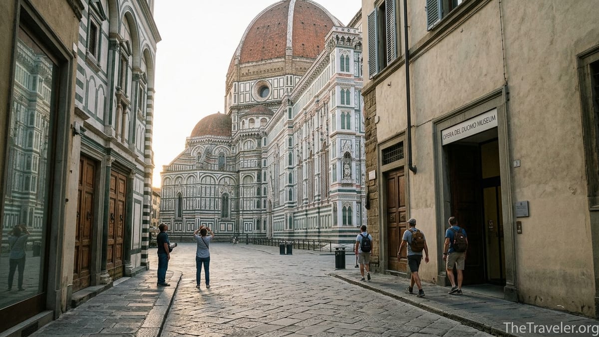 Morning view of Florence’s Duomo and nearby Opera del Duomo Museum entrance with a few early visitors walking by.