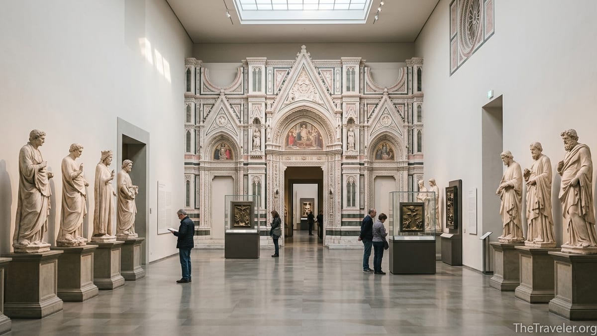 Visitors exploring original sculptures in the main hall of Florence’s Opera del Duomo Museum.