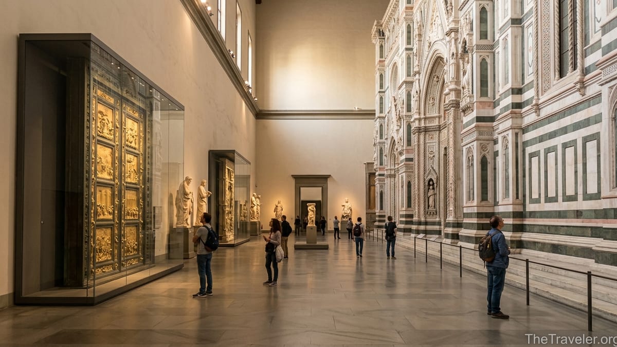 Visitors exploring the reconstructed cathedral façade and Baptistery doors inside Florence’s Opera del Duomo Museum.