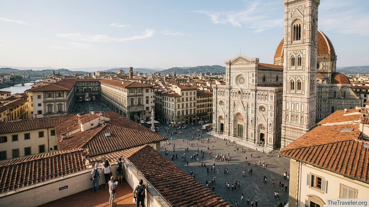 View over Florence showing the Duomo and city rooftops in warm afternoon light