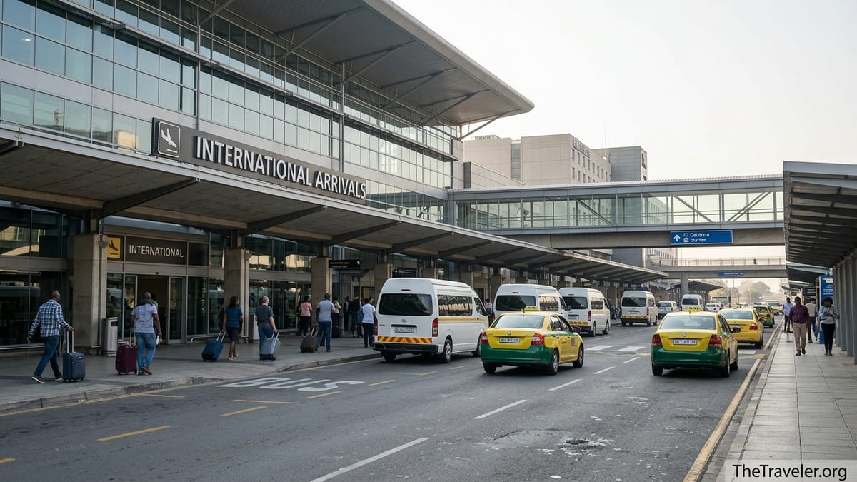 Arrivals forecourt at O.R. Tambo International Airport with taxis, shuttles and travelers.